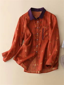62092 Весенние модные женские винтажные рубашки Ramie с цветочным принтом, женские льняные блузки премиум-класса с длинным рукавом, простые свободные повседневные топы