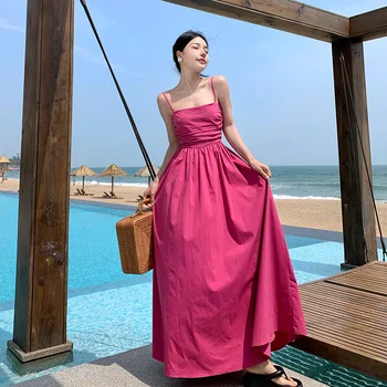 Розово-красное Приморское Женское длинное платье для пляжного отдыха на бретельках