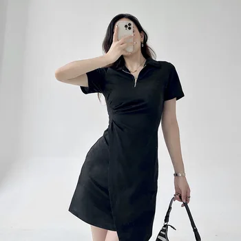 Летняя женская юбка 2023, новое повседневное комфортное платье-поло с отложным воротником на молнии