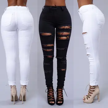 Женские джинсовые брюки с дырками, модные узкие джинсы, брюки-карандаш, повседневные брюки с высокой талией, Эластичные рваные джинсы, Черный, белый