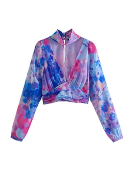 TRAF Тонкие женские блузки с цветочным принтом, рубашка 2023, летние модные повседневные топы с длинными рукавами, винтажные сексуальные пуловеры, короткие футболки