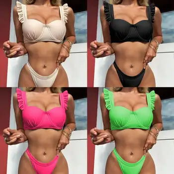 Женский комплект бикини из двух частей с оборками, на косточках, бразильский купальник Biqunin, купальник пуш-ап, купальный костюм, пляжная одежда с подкладкой