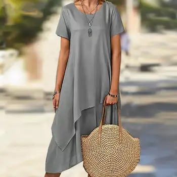 Повседневное платье свободного кроя с круглым вырезом и коротким рукавом, Женская футболка с асимметричным подолом, Платье Миди