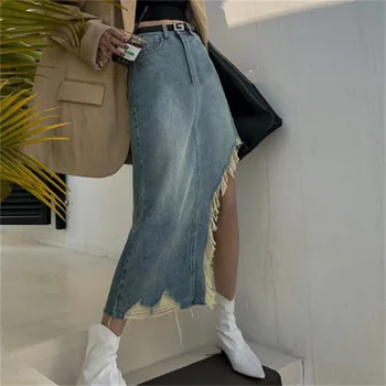 Нерегулярный дизайн, длинная джинсовая юбка с отверстиями, женские модные джинсы в стиле ретро, женские модные джинсы