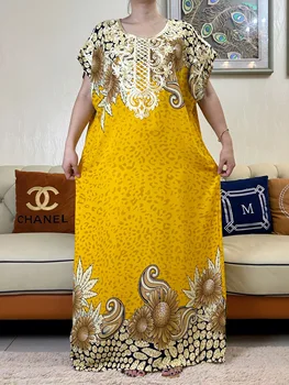 2023 Новое Африканское женское хлопковое платье с вышивкой и цветочным принтом, летнее платье с коротким рукавом, свободный размер, исламская Дубайская Абая