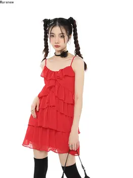 2023, Летние мини-платья с V-образным вырезом и открытой спиной, красные многоуровневые подтяжки, женское шифоновое платье свободного кроя High Street Kawaii