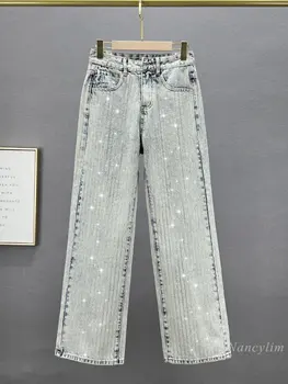 Европейские джинсы со стразами в вертикальную полоску для женщин 2023, Новинка весны, Высокая талия, Свободная вышивка, Горячее сверление, Широкие брюки