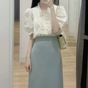 Костюм в Корейском нежном стиле, Женская Летняя Новая рубашка с рукавами-пузырями, юбка-полукомбинезон с высокой талией, юбка-полукомбинезон из двух частей
