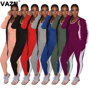 VAZN Новое поступление 2020, ранняя осень, сексуальная леди, 7 цветов, длинный комплект из 3 предметов, пальто с длинными рукавами, жилет, топы, комплект с длинными брюками, повседневный комплект