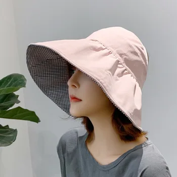 Модная Женская Корейская солнцезащитная шляпа с большими полями, защищающая от ультрафиолета, для поездки на пляж, женские солнцезащитные шляпы с пустым верхом, Двухсторонние складные