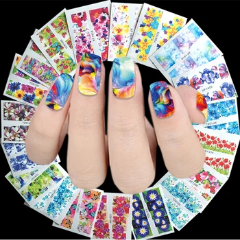 10 Листов с цветочным рисунком, Переводящие воду наклейки для ногтей, наклейки для обертывания кончиков ногтей, Красочный цветочный дизайн