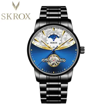 SKROX Черные Синие мужские часы с турбийоном, 24-часовой дисплей фазы Луны, ремешок из телячьей кожи из стали 316L, Роскошные Механические часы