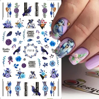 3D Весенние цветочные наклейки для ногтей Фиолетовая Птица Бабочка Письмо Цветочный Лист Маникюрная наклейка Слайдер Декор Аксессуары для дизайна ногтей NLF818