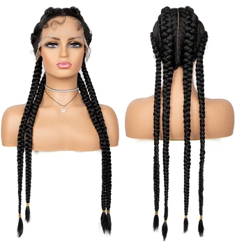 Плетеные парики, синтетический парик на кружеве спереди для чернокожих женщин, косички из косичек, кружевные парики с детскими волосами, плетеный парик для косплея, 32 дюйма