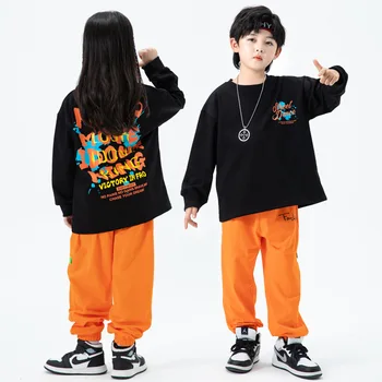 Крутая одежда в стиле хип-хоп для мальчиков, весенне-осенний костюм, футболки с длинными рукавами, спортивные брюки, модная детская одежда с черным принтом 8, 10, 12, 14 лет