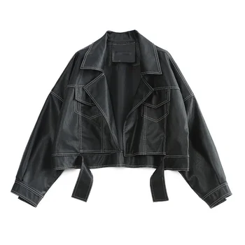Весенне-осенний черный лацкан, яркая линия декоративной одежды из искусственной кожи, женская короткая модная куртка