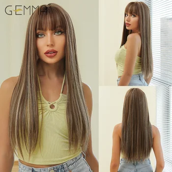 GEMMA Synthetic Brown Blonde Highlight Длинные прямые парики с челкой для ежедневного косплея из натуральных волос для чернокожих женщин Термостойкие