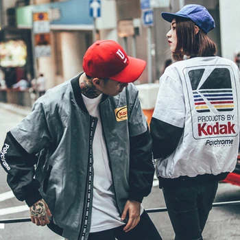 Корейская куртка-бомбер Harajuku, Мужская и Женская уличная одежда в стиле ретро с принтом Kodak, бейсбольные куртки, подходящие по цвету, куртка большого размера