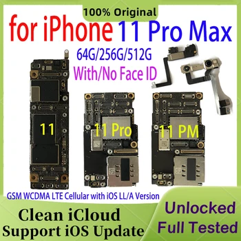 Оригинальная материнская плата для iPhone 11 Pro Max с идентификатором лица / без него, полностью рабочая, чистая, iCloud, разблокировка основной логической платы, обновление iOS