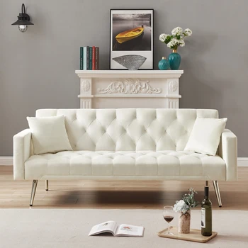 Кремово-белый раскладной диван-футон, раскладной диван-кушетка для компактного жилого пространства.Для мебели для гостиной.