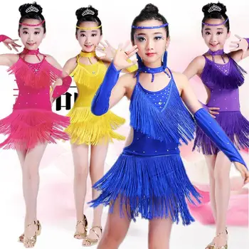 Бесплатная доставка Бахрома с блестками Синее Розовое Фиолетовое платье для сальсы для девочек Детские латиноамериканские платья Костюмы для латиноамериканских танцев для девочек