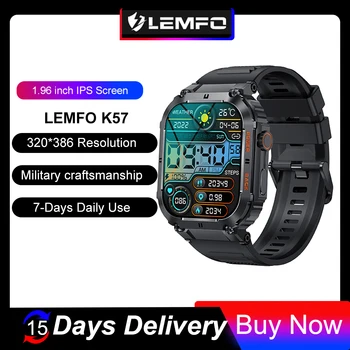 LEMFO K57 Умные часы для мужчин военного стандарта Водонепроницаемые 1,96 дюйма 320 * 386 Звонков по Bluetooth с пользовательскими циферблатами Спортивные смарт-часы