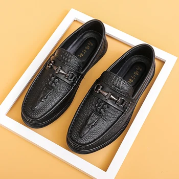 Высококачественная кожаная мужская повседневная обувь Офисный люксовый бренд 2023, мужские лоферы с рисунком крокодиловой кожи, черные туфли для вождения