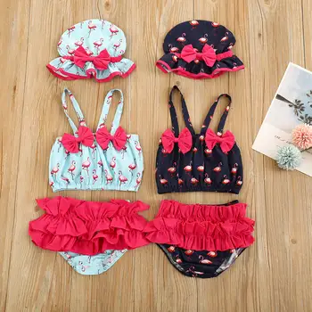Купальник для новорожденной девочки без рукавов с принтом фламинго, укороченный топ, шорты с рюшами, шляпа, летний купальник из 3 предметов