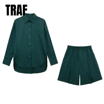 Женская мода Traf, Весенняя Новая асимметричная рубашка из поплина с длинным рукавом, шикарные женские шорты с высокой талией и широкими штанинами, комплект из 2 предметов