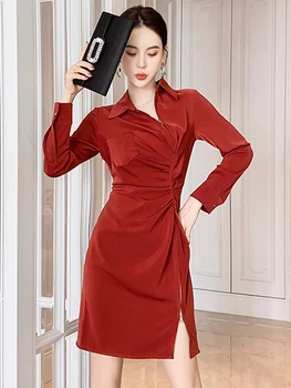 Весенние мини-платья для женщин 2023, винтажное элегантное модное платье с длинным рукавом, плиссированным разрезом на молнии, женское платье Vestidos, офисная одежда