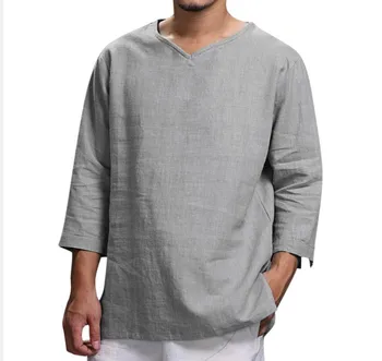 Новая мужская рубашка Большого размера, однотонные топы, пуловер, свободный топ с V-образным вырезом, летние пляжные повседневные льняные мужские топы с рукавами три четверти
