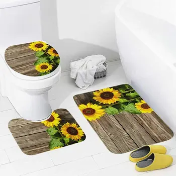 Наборы ковриков и циновок для ванной комнаты, Подсолнухи из 3 частей на деревянном полу, Моющийся нескользящий коврик U-образного контура и крышка крышки